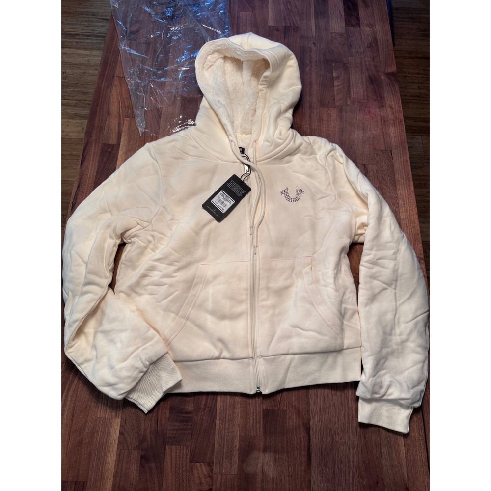 True Religion Sherpa Buddha Zip Jacket Winter White Rhinestone Hoodie 600798 L